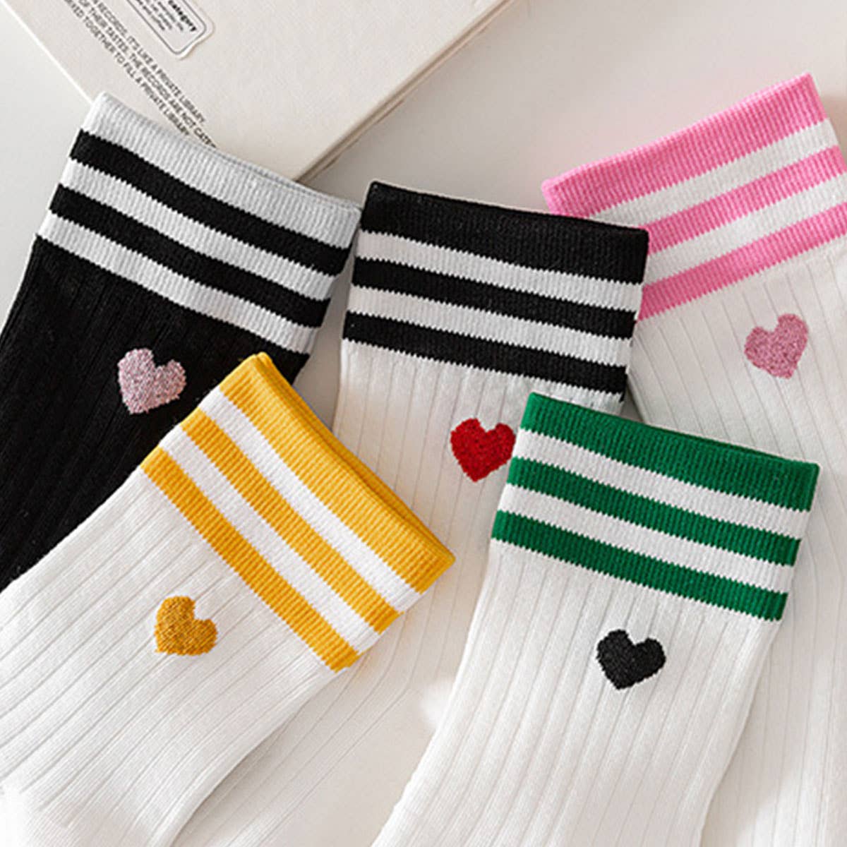 Pink Heart College Style Striped Crew Socks