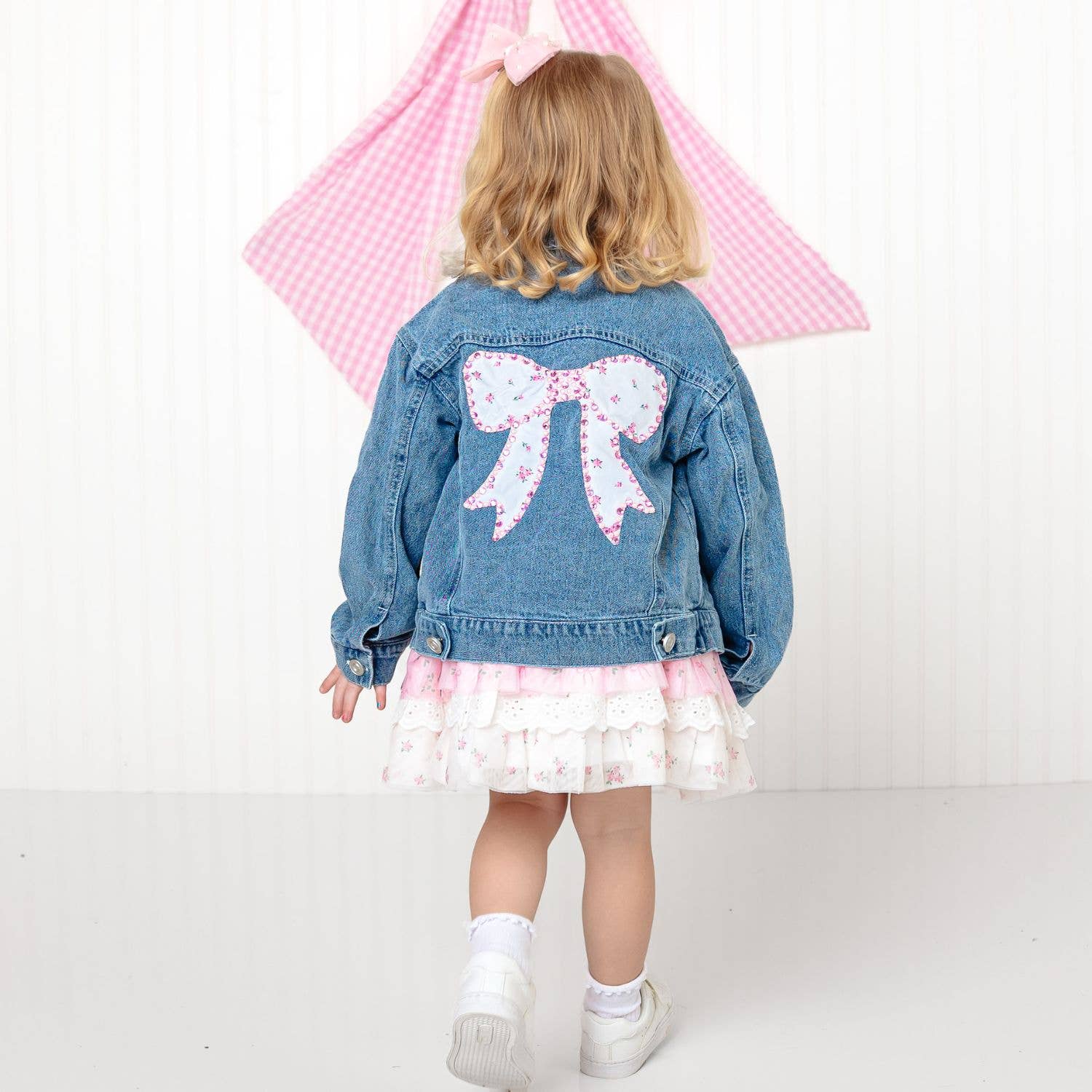 Pearl + Gemstone Floral Bow Patch Denim Jacket