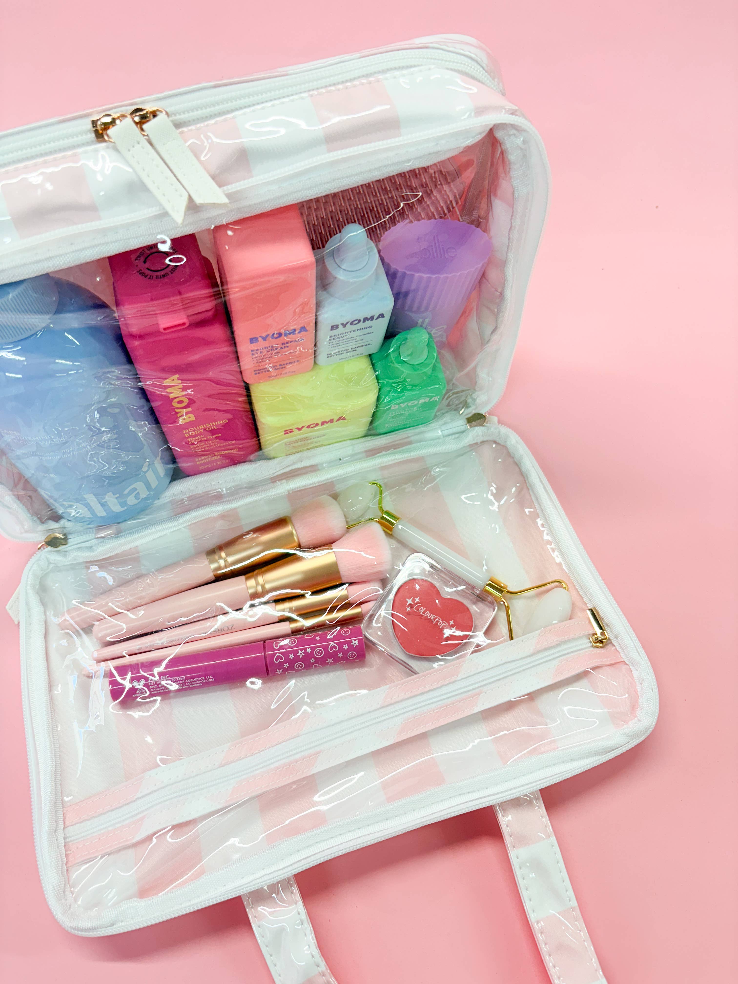 Pink & Green Stripe Wipeable Travel Cosmetic Case