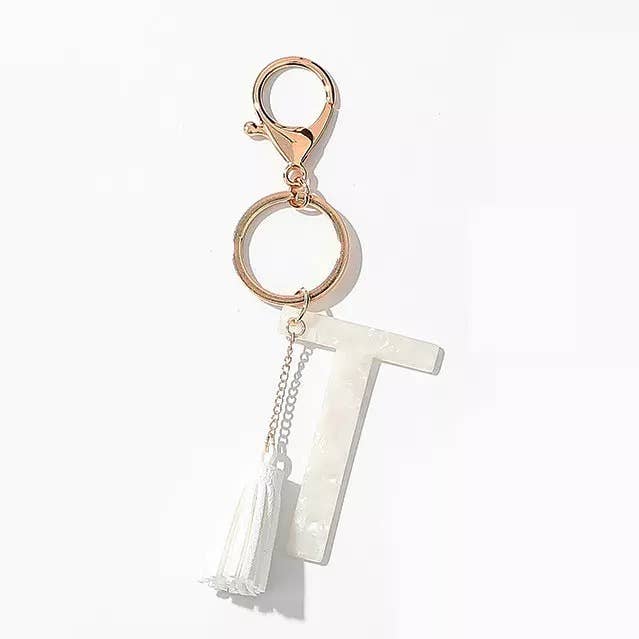 Tasseled White Initial Key Chain