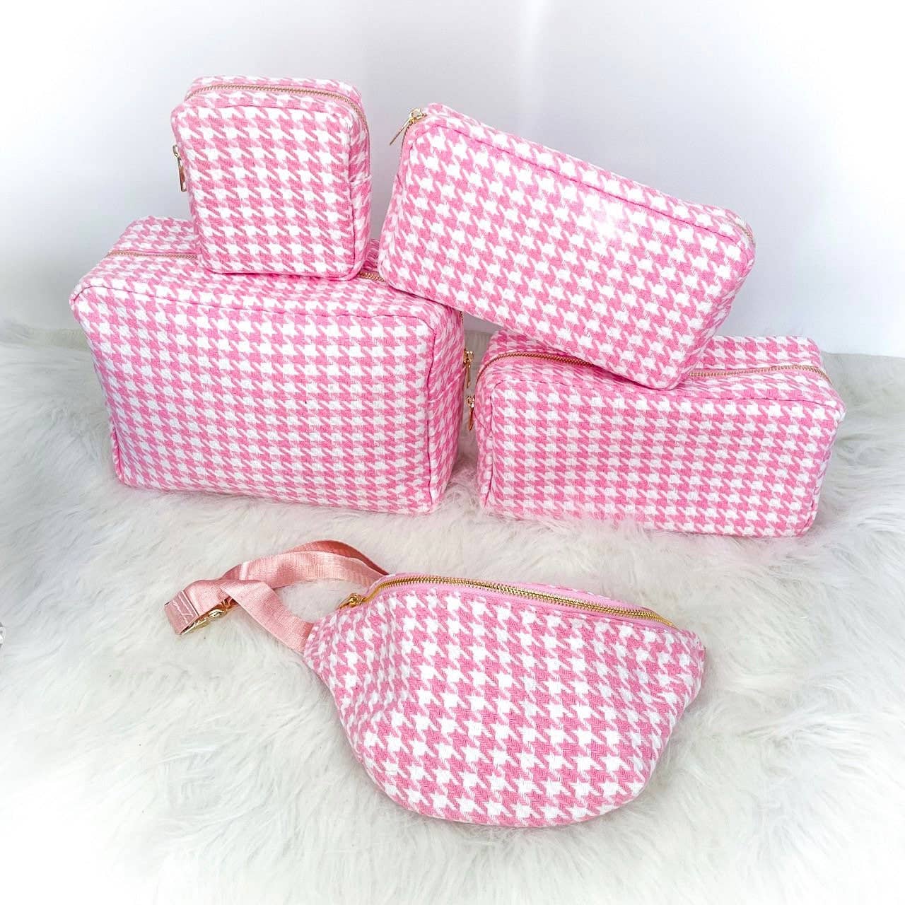 Pink Houndstooth Nylon Pouches