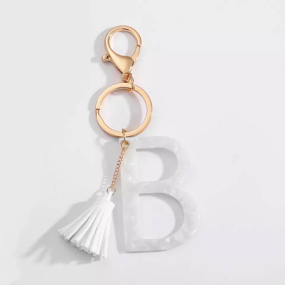 Tasseled White Initial Key Chain