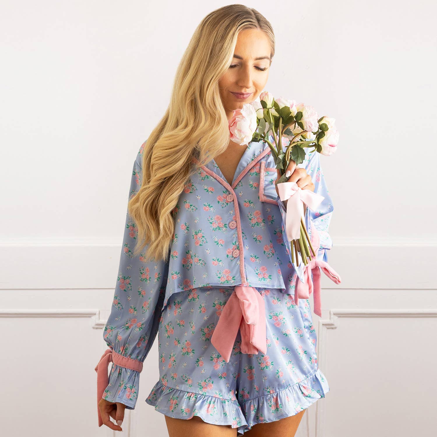 Cottage Floral Periwinkle Satin Ruffle PJ Short Set