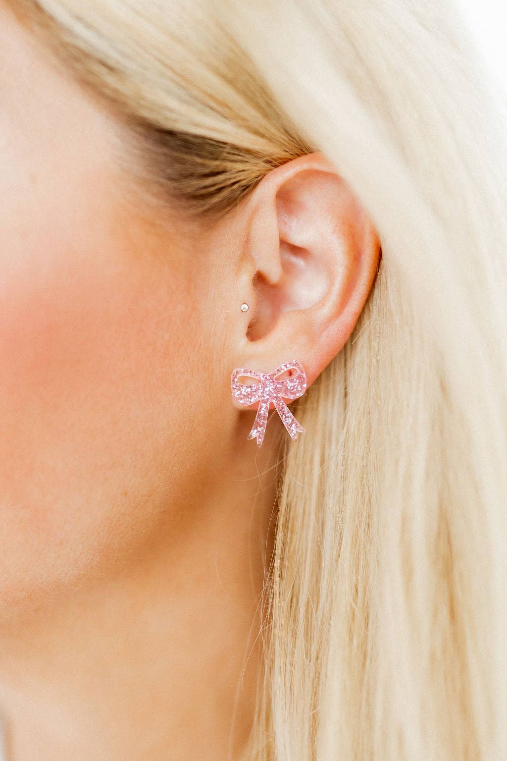 Sophia Bow Earrings in Pink Glitter
