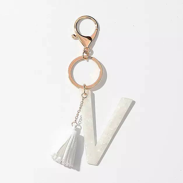 Tasseled White Initial Key Chain