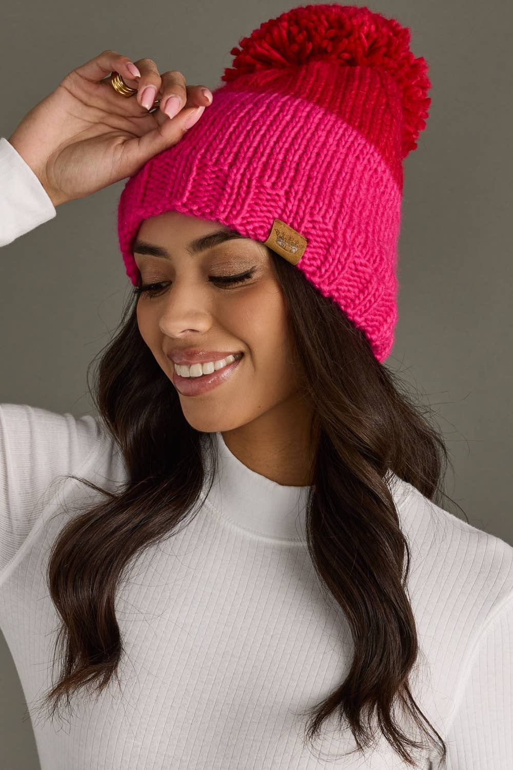 Red & Pink Color Block Pom Hat