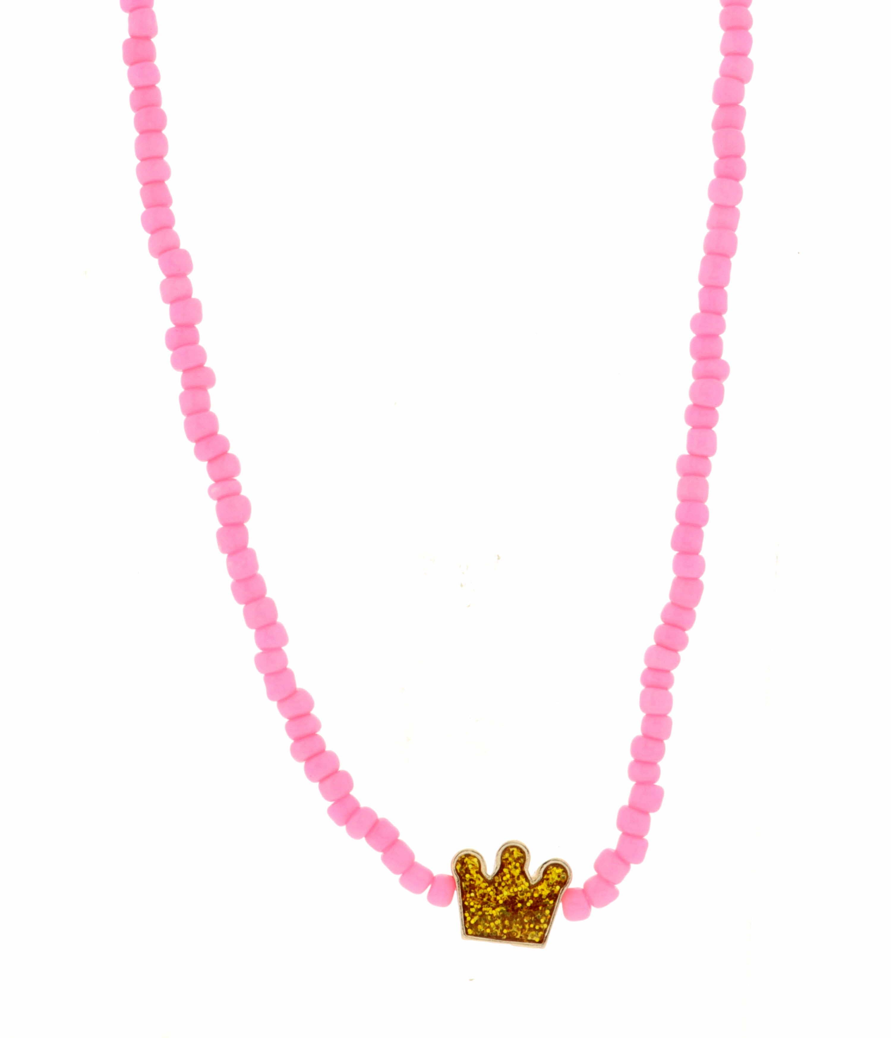 Kids 14" Pink Seed Bead with Glitter Crown Necklace, 3" Ext.