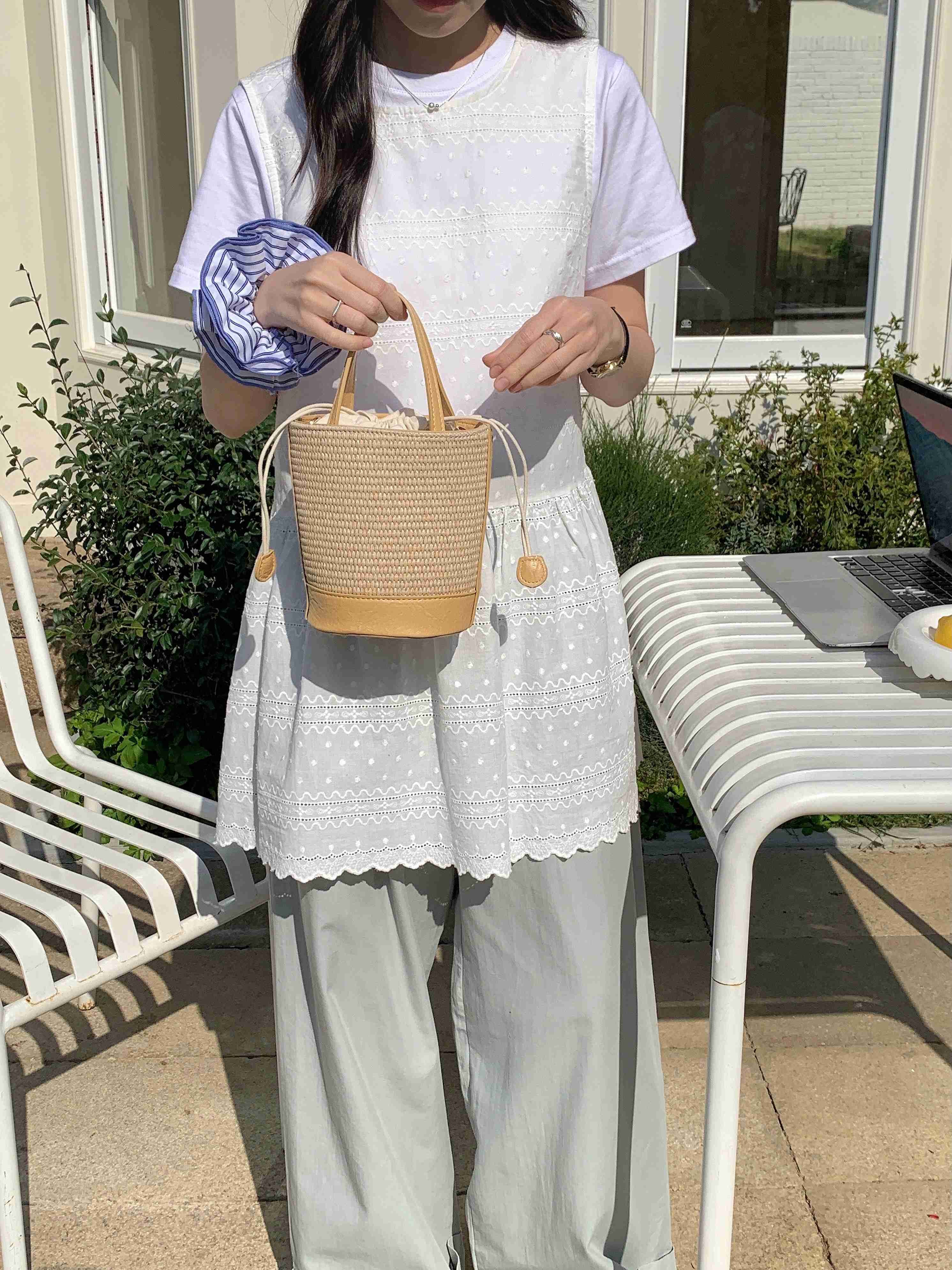 Laney Beige Straw Bucket Bag