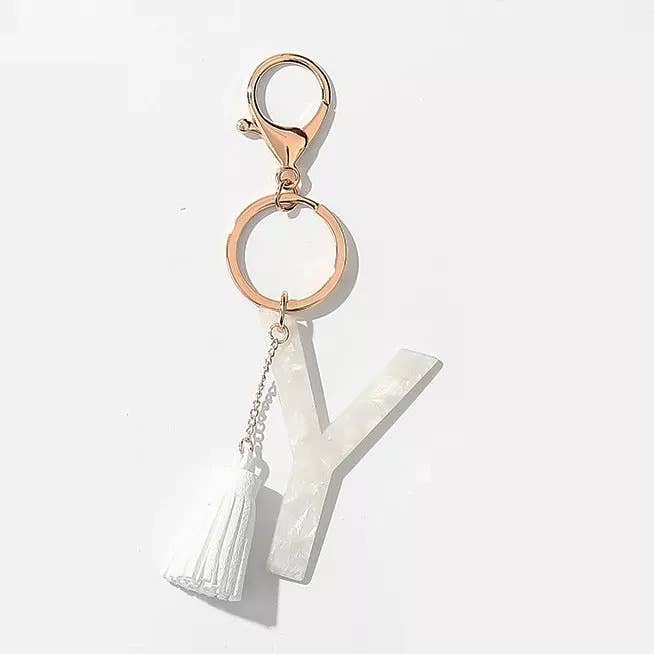 Tasseled White Initial Key Chain