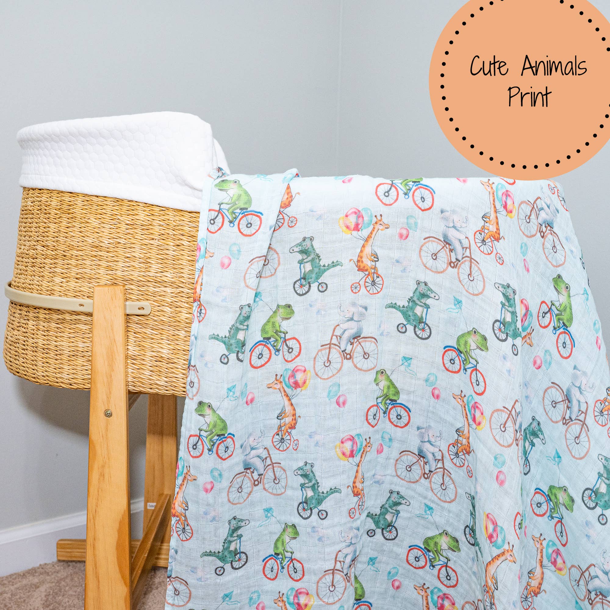 Animals on Bike Muslin Swaddle Blanket