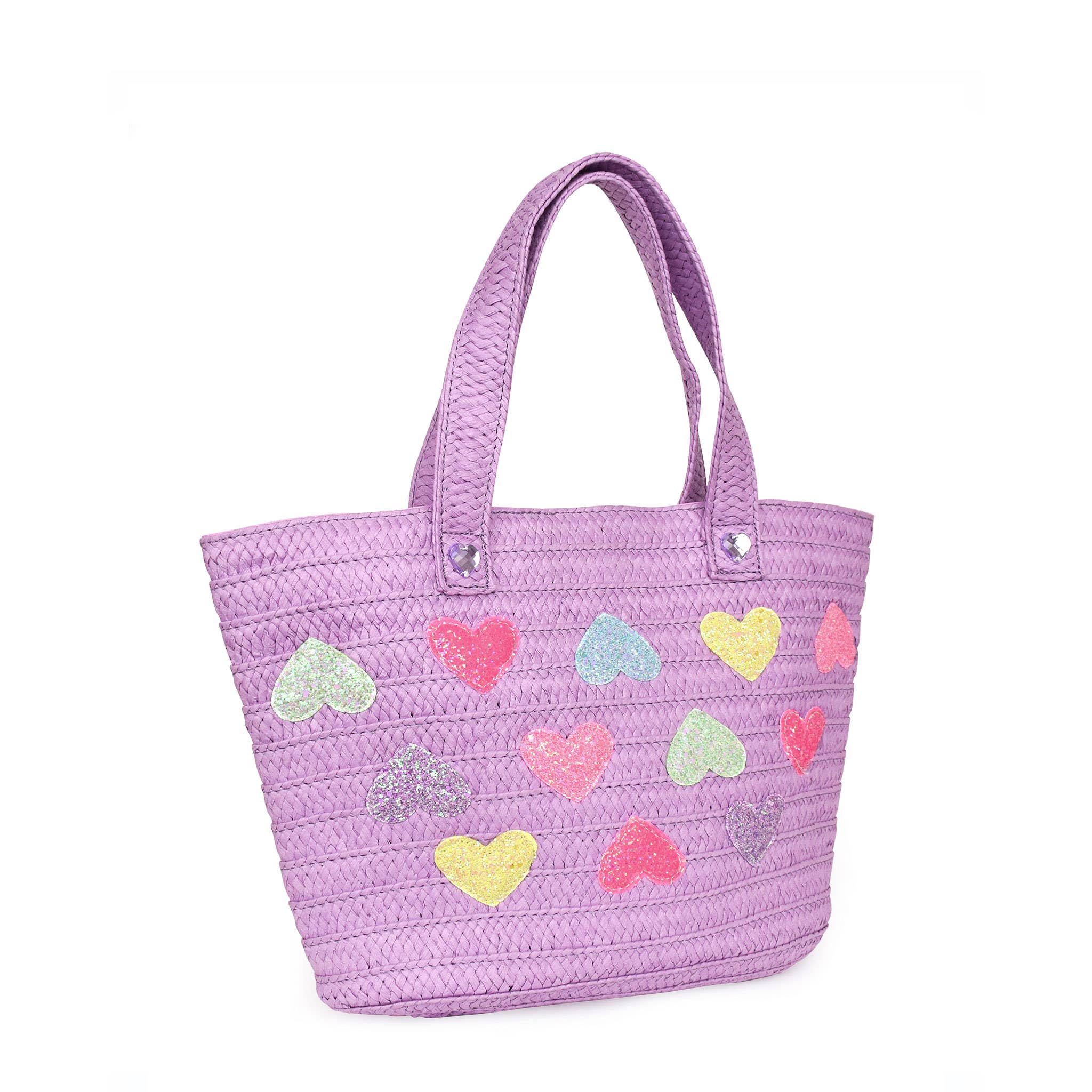 Hearts Purple Straw Tote Bag