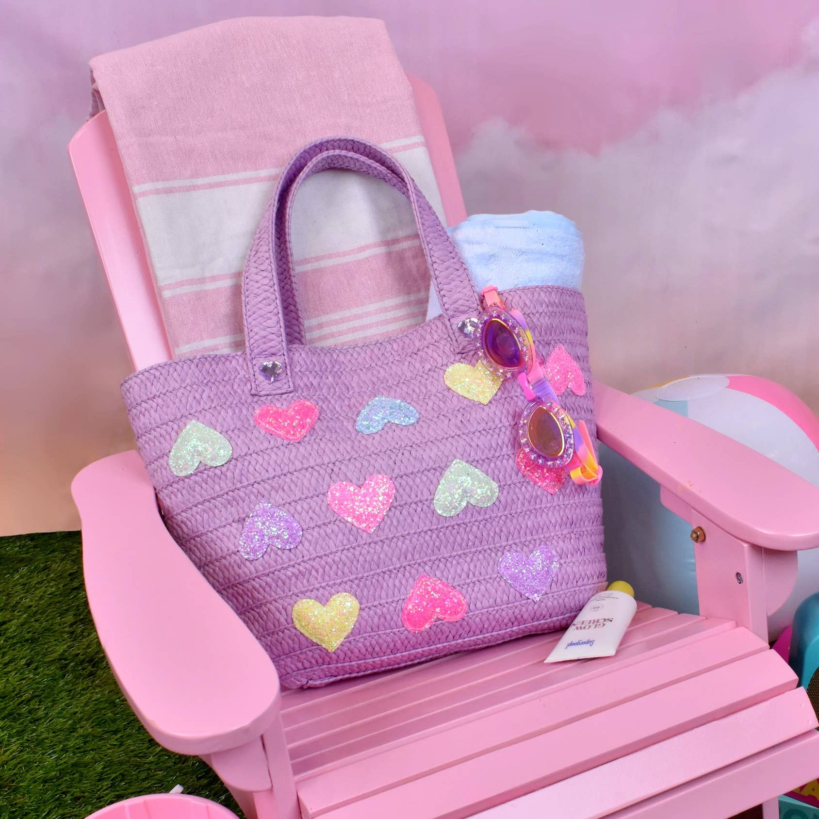 Hearts Purple Straw Tote Bag