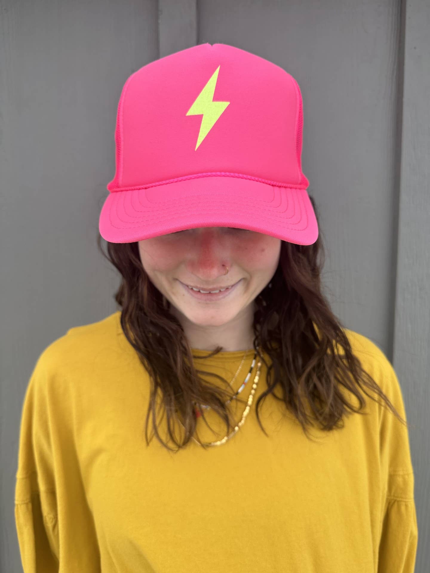 Neon Pink Trucker with Yellow Bolt