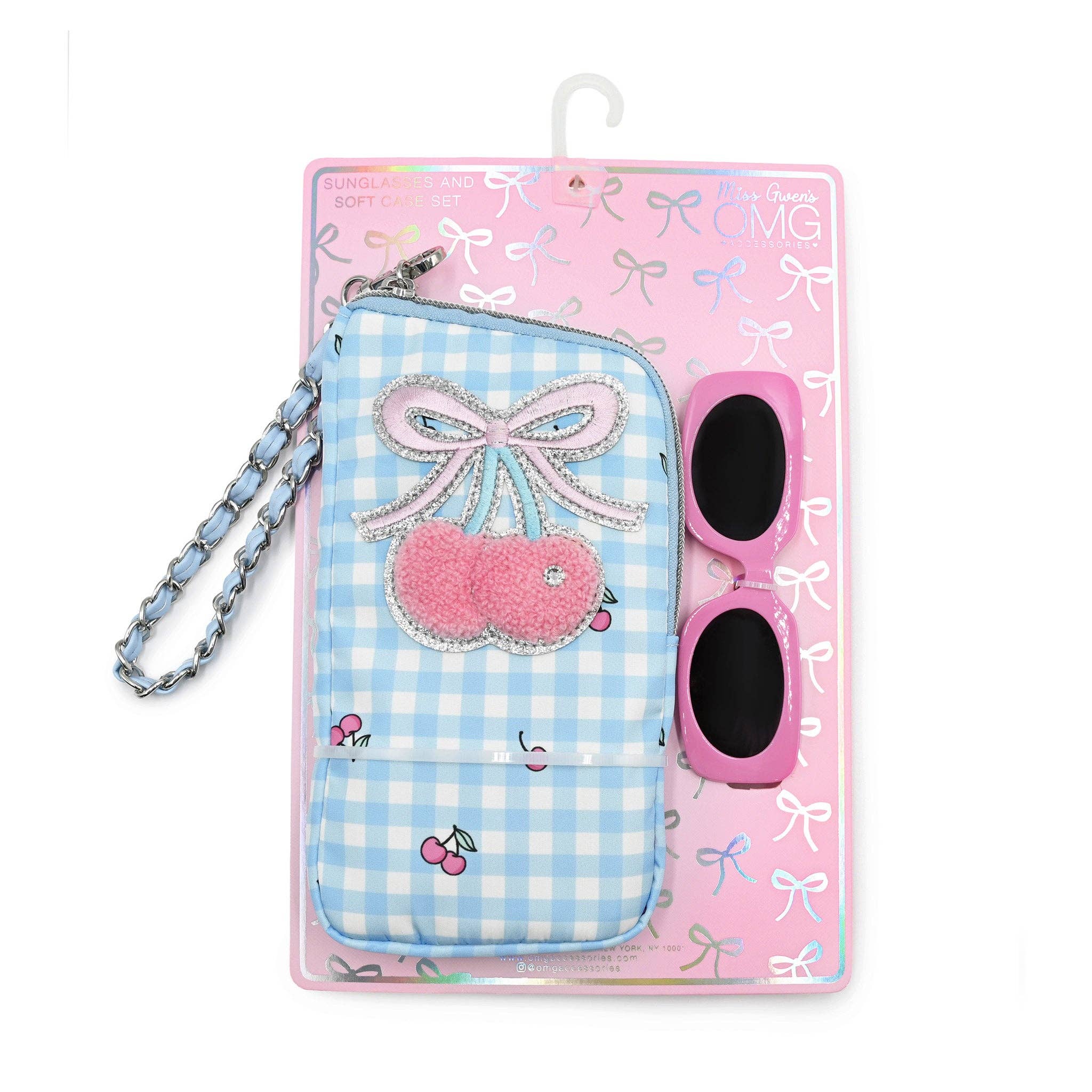Blue Checked Cherry Wristlet Case and Sunglasses Set