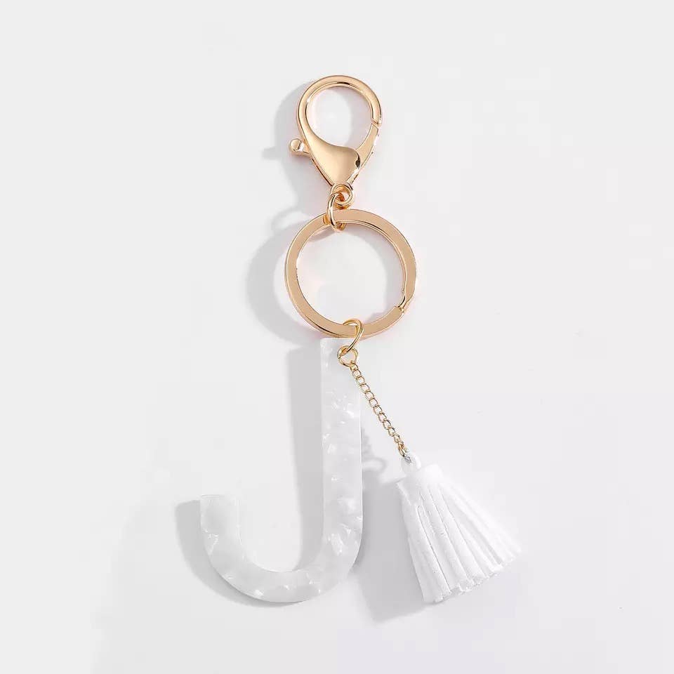 Tasseled White Initial Key Chain