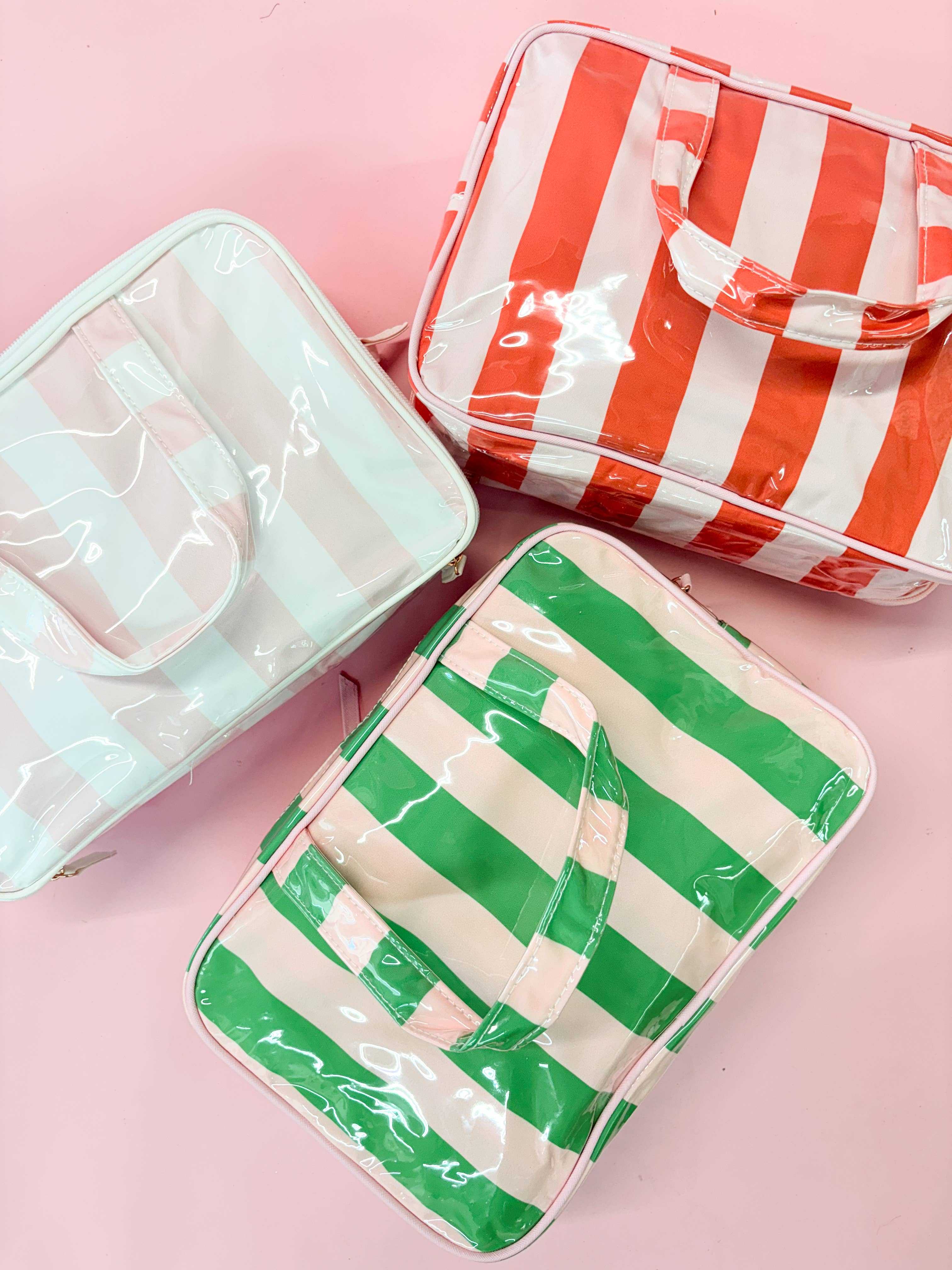 Pink & Green Stripe Wipeable Travel Cosmetic Case