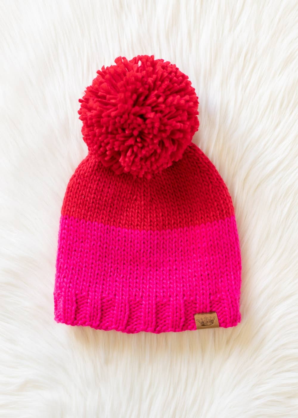 Red & Pink Color Block Pom Hat