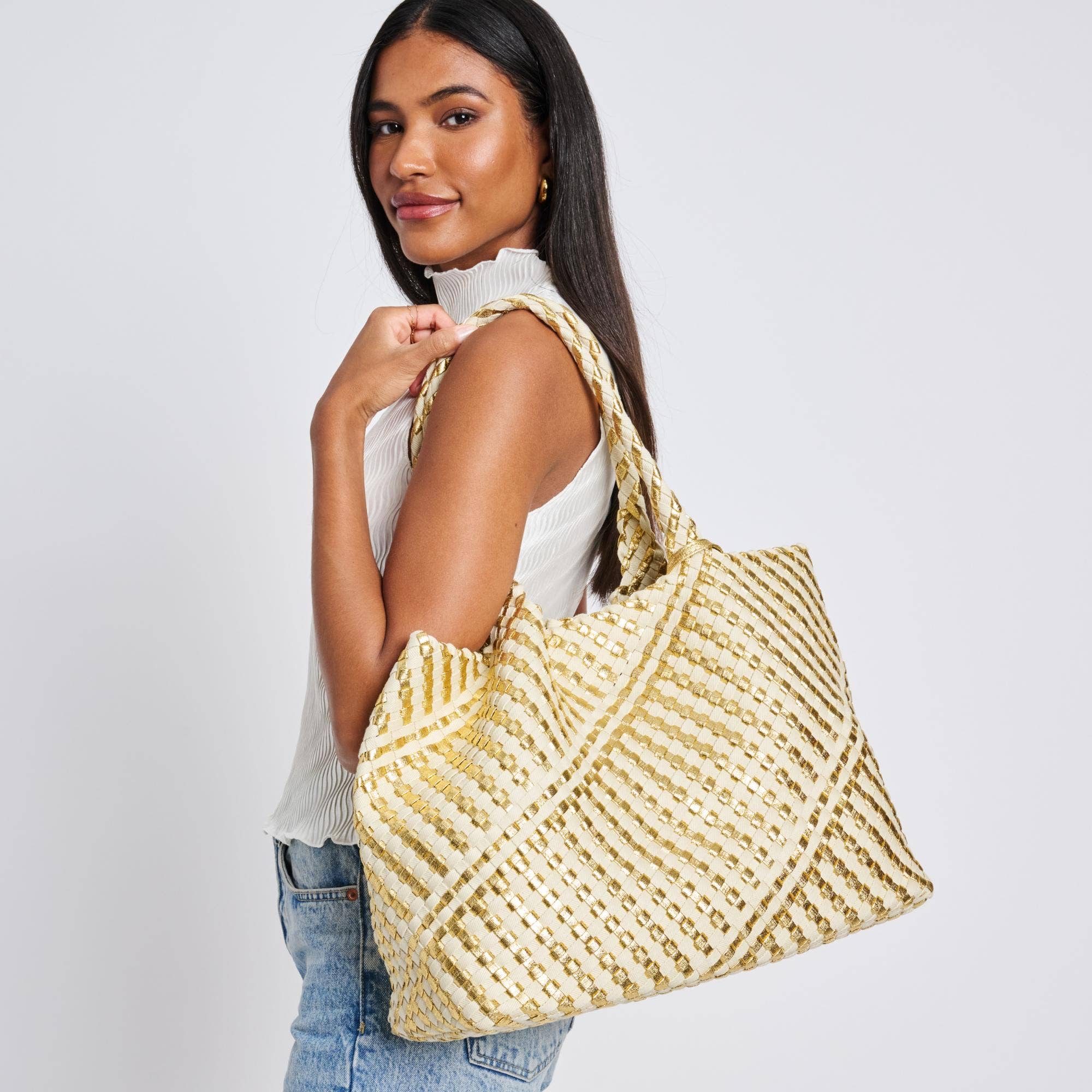 Gold Ivory Solana Woven Tote
