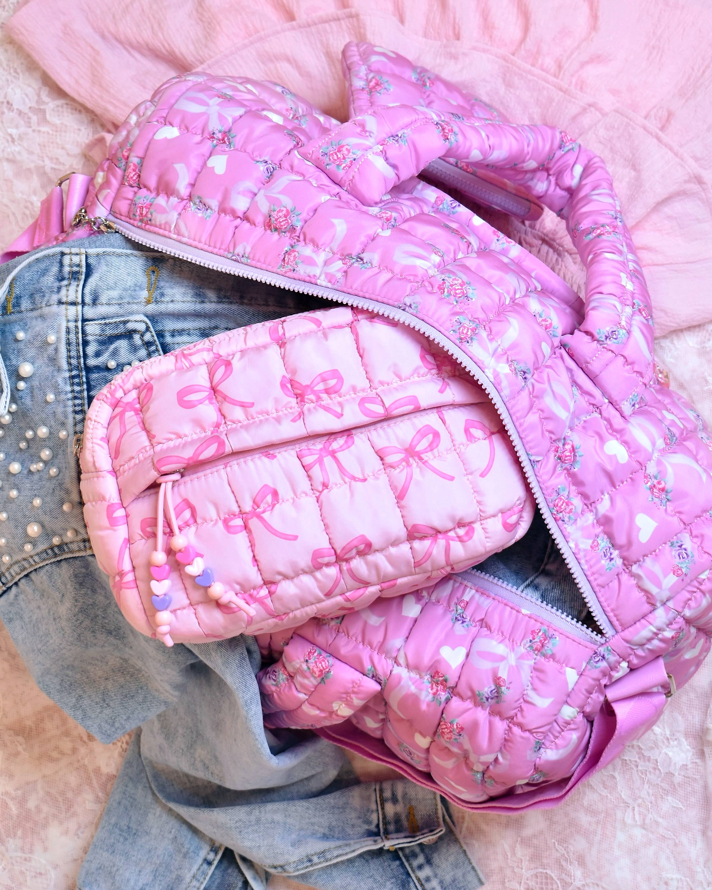 Quilted Floral Bow Duffle Bag