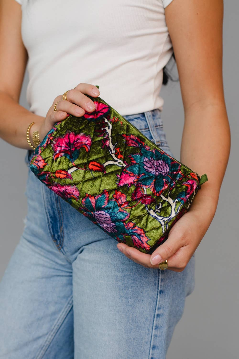 Olive Floral Quilted Travel Pouch