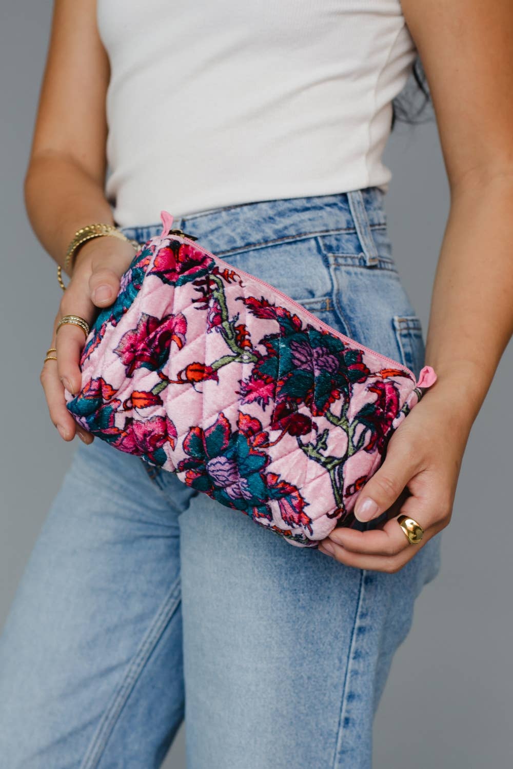 Light Pink Floral Quilted Travel Pouch