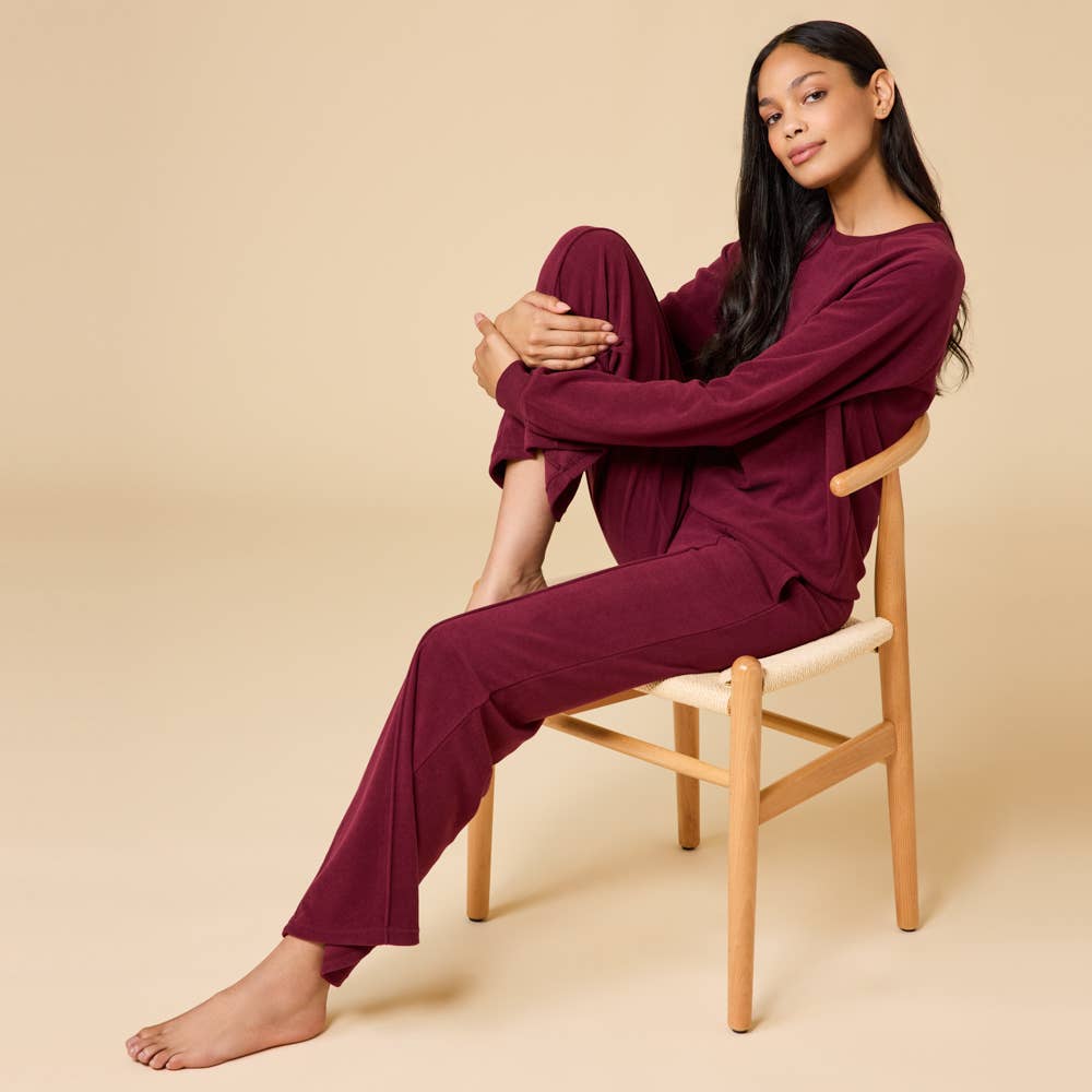 Cherry Cola Vintage Velvet Raglan Crew Neck with Pintuck Wide Leg Pant