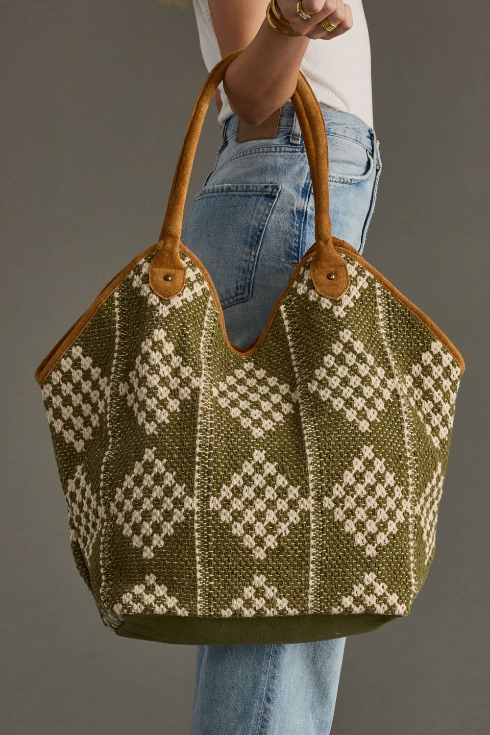 Olive & Cream Diamond Pattern Tote Bag