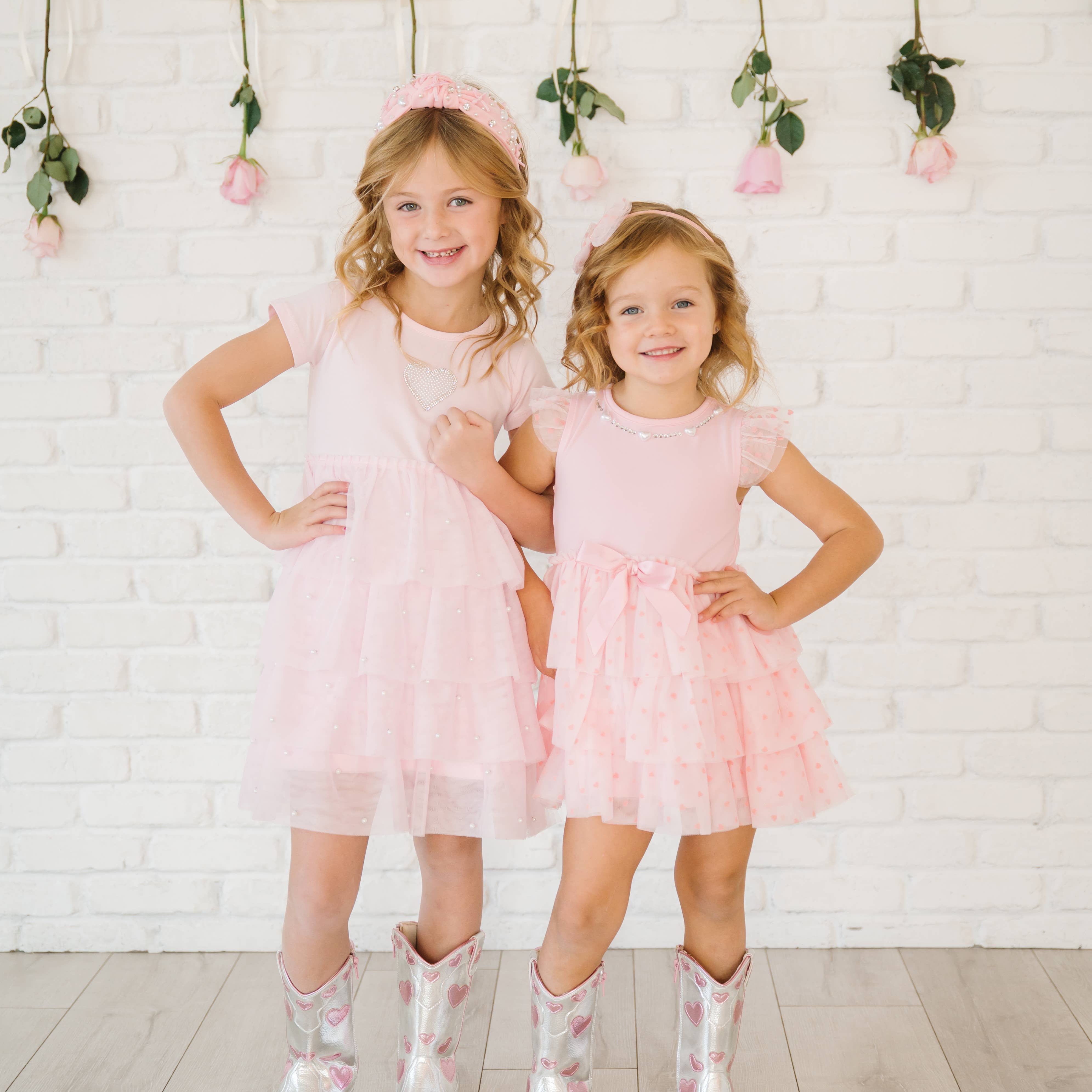 Pearl Heart Tiered Short Sleeve Tutu Dress