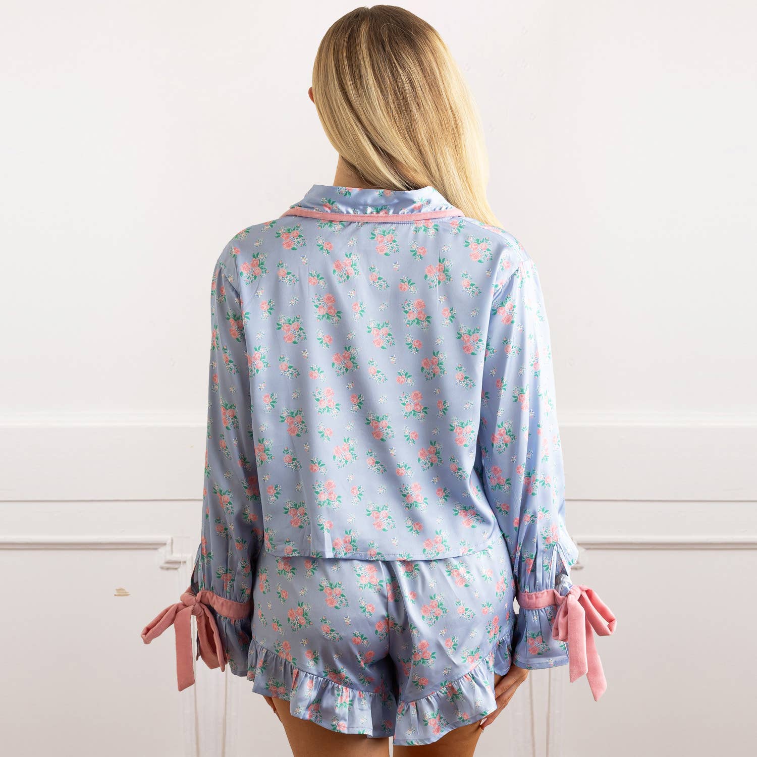 Cottage Floral Periwinkle Satin Ruffle PJ Short Set