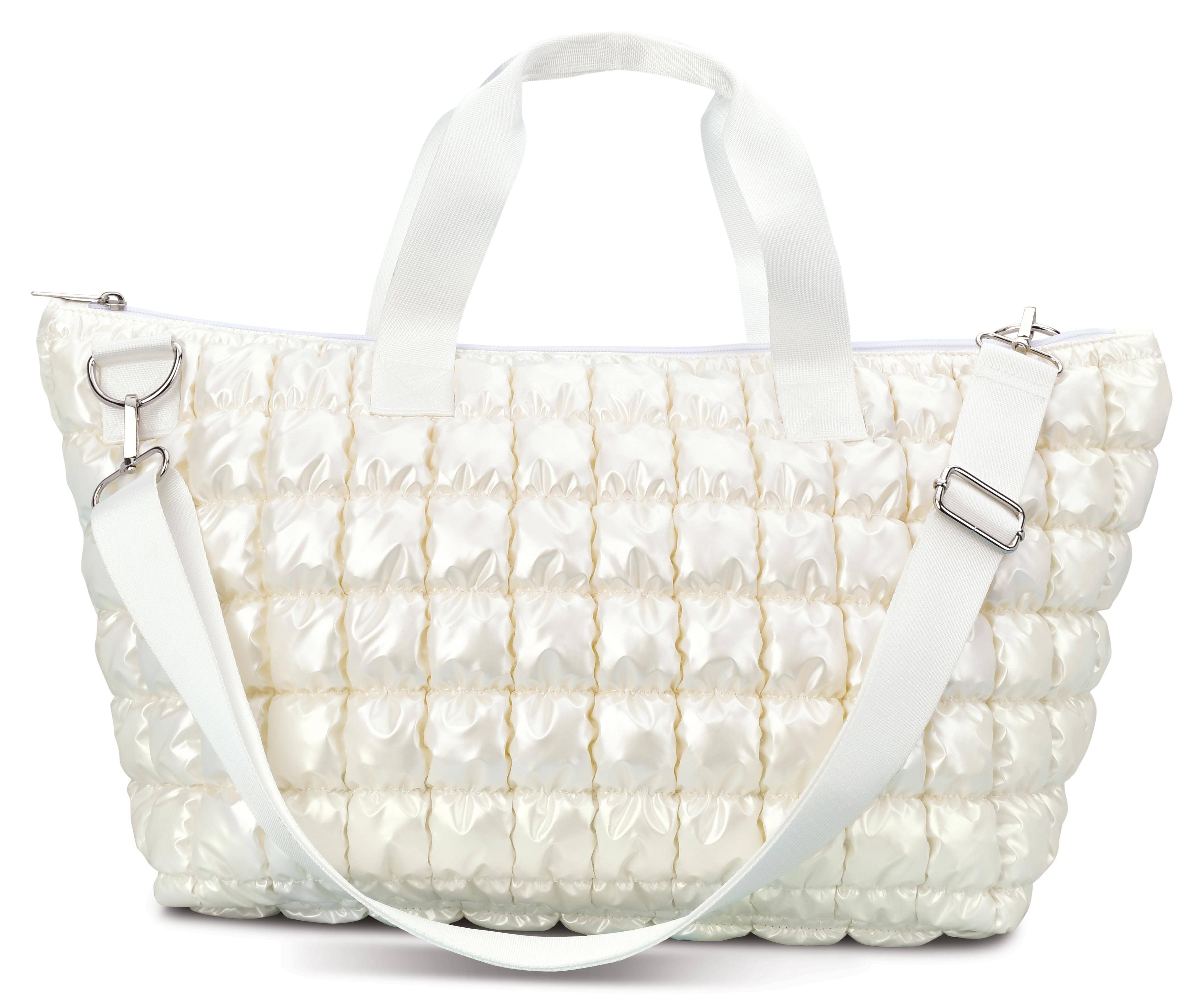 Pearl White Shiny Puffer Overnight Bag