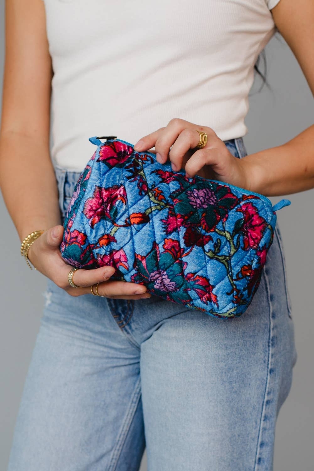Bright Blue Floral Quilted Travel Pouch