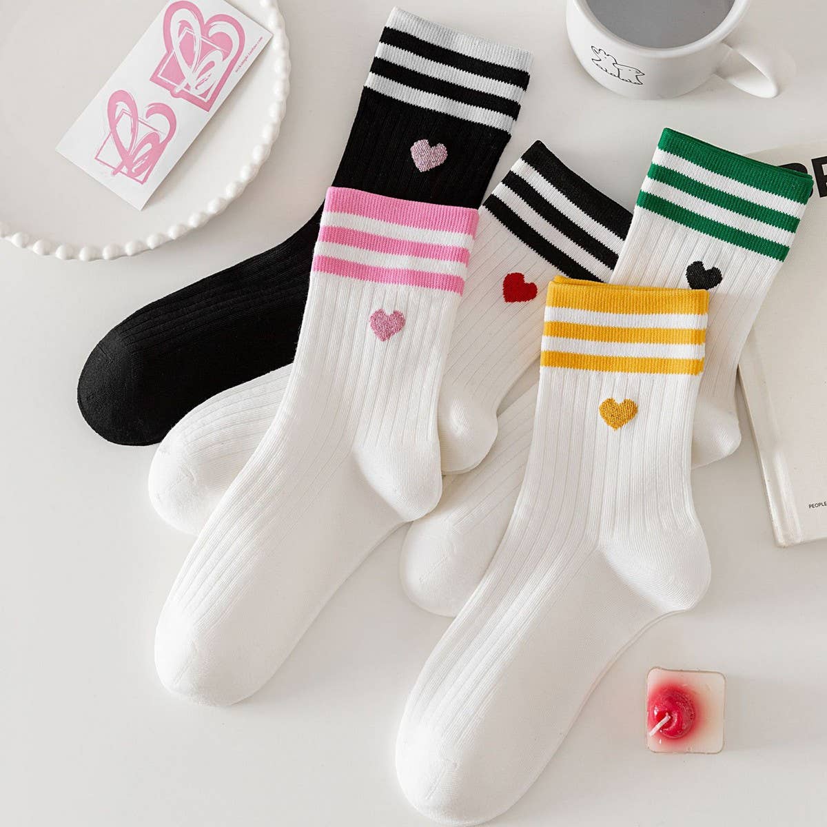 Pink Heart College Style Striped Crew Socks