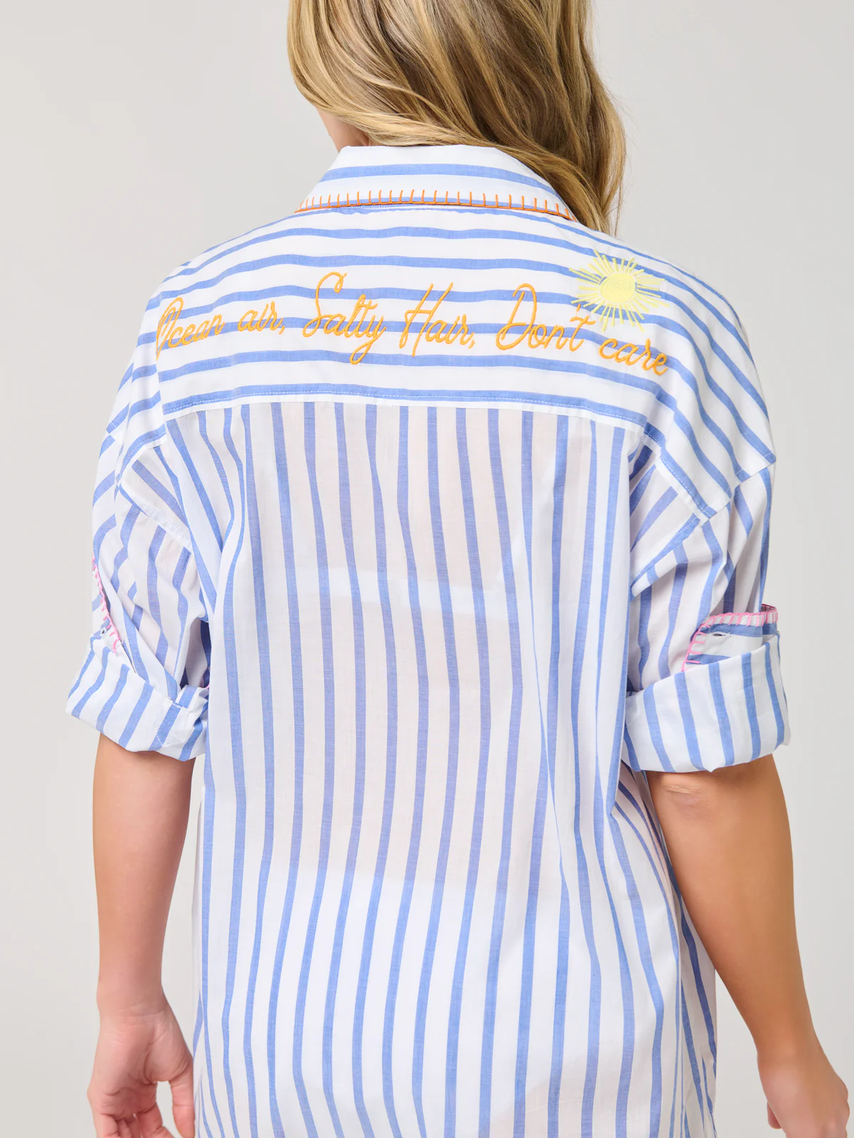 'Salty Hair, Don't Care' Embroidered Cover-Up Shirt