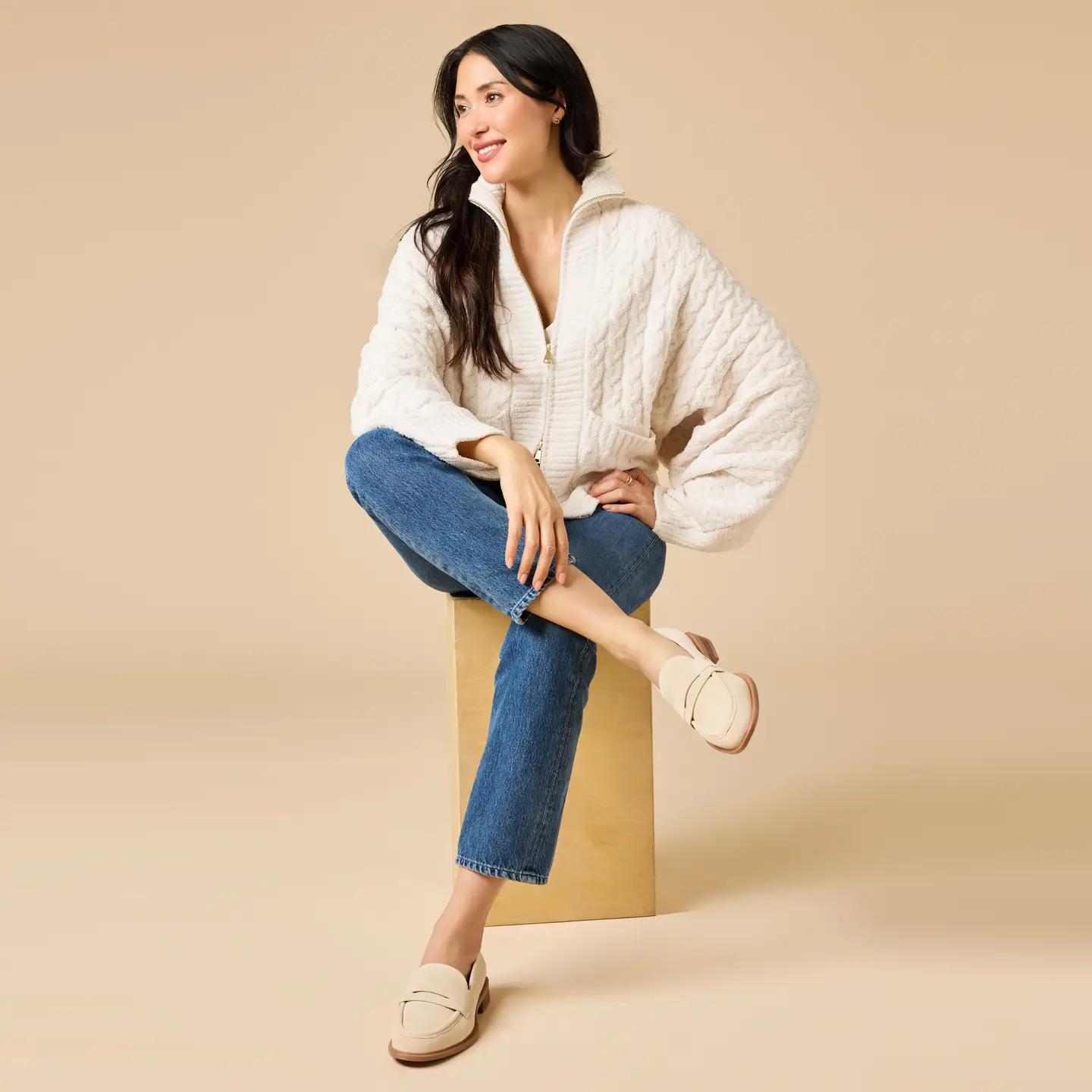 Almond Cable Knit Marshmallow Funnel Neck Double Zip Jacket
