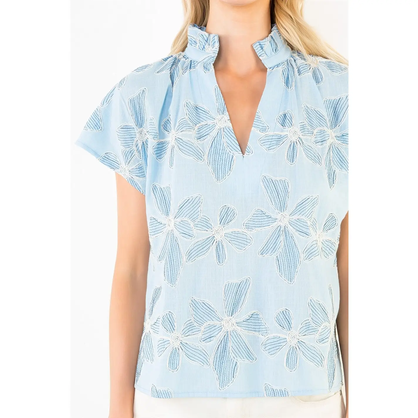 Short Sleeve Blue Embroidery Floral Top