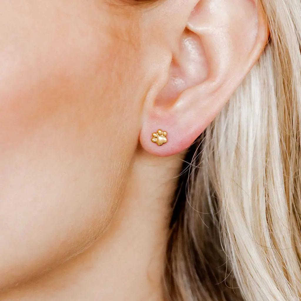 Gold Paw Print Screwback Stud Earrings