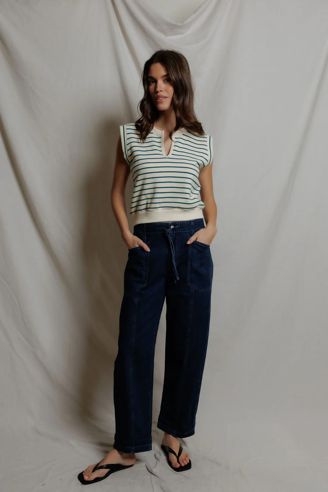 Sloane French Terry Rolled Sleeve Sweatshirt in Teal/Navy Stripe