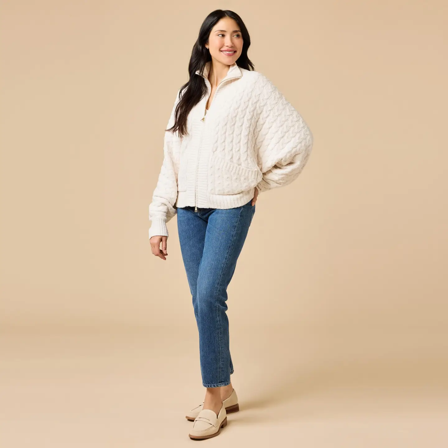 Almond Cable Knit Marshmallow Funnel Neck Double Zip Jacket