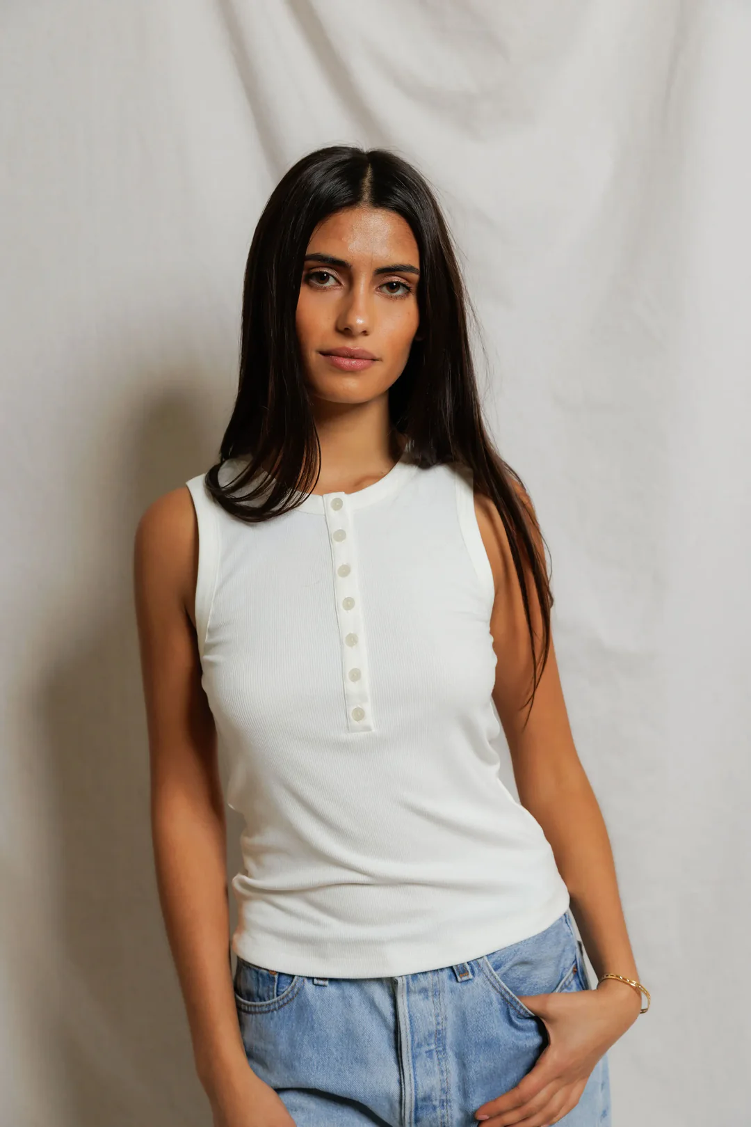 White Loretta Quarter Button Down Luxe Rib Tank