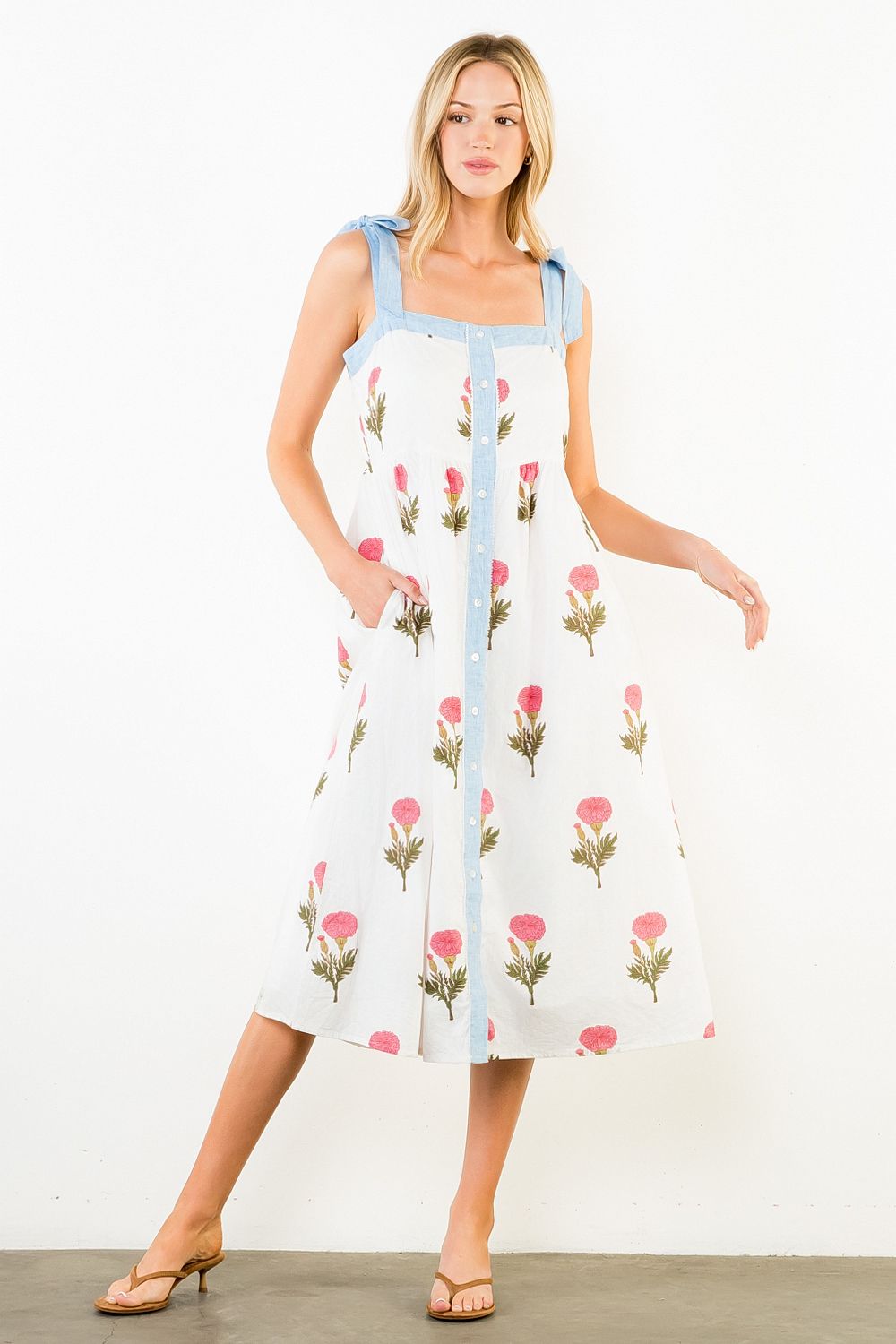 Macie Floral Tie-Strap Midi Dress
