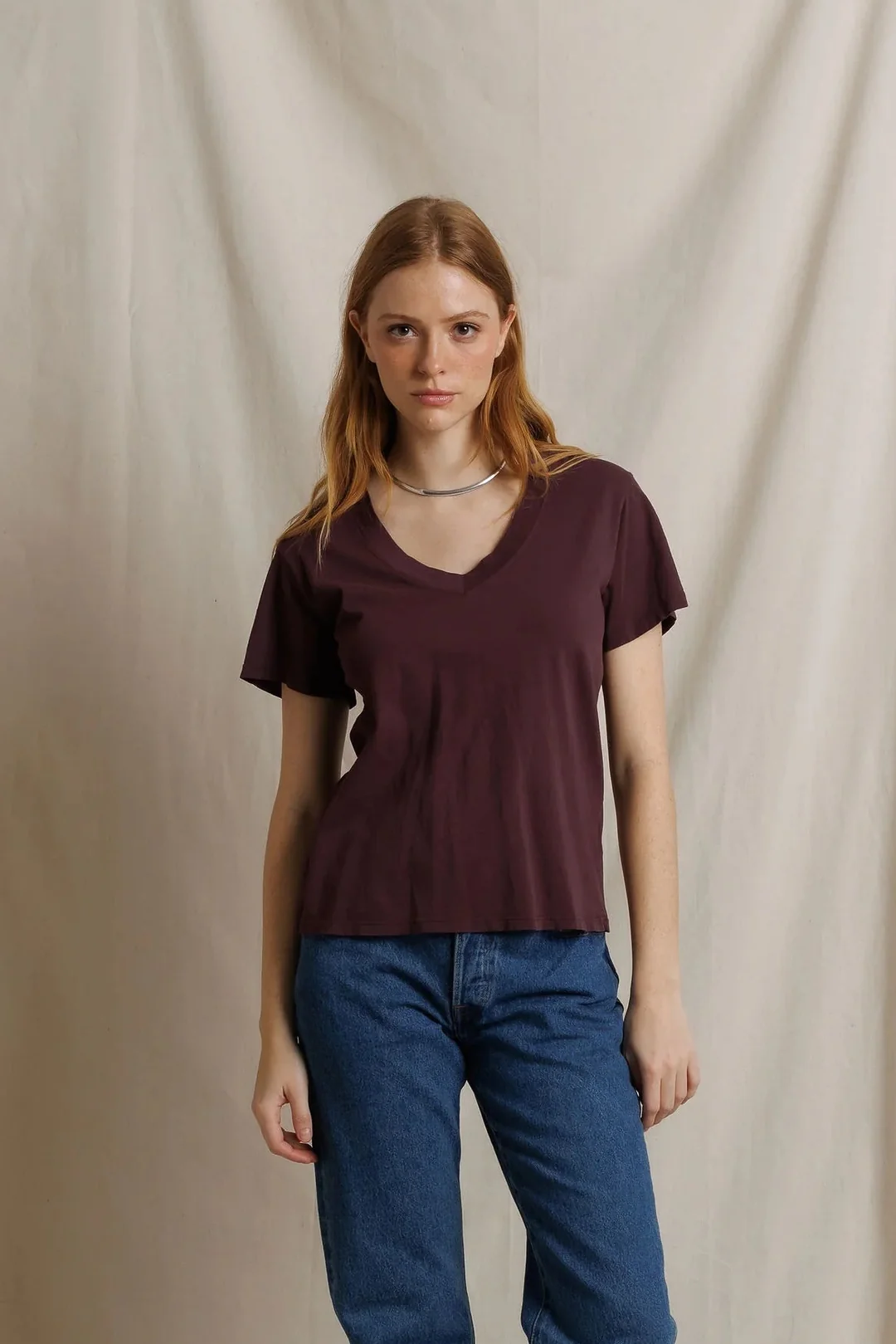 Cherry Lacquer Hendrix Lightweight Cotton Boxy V-Neck Tee