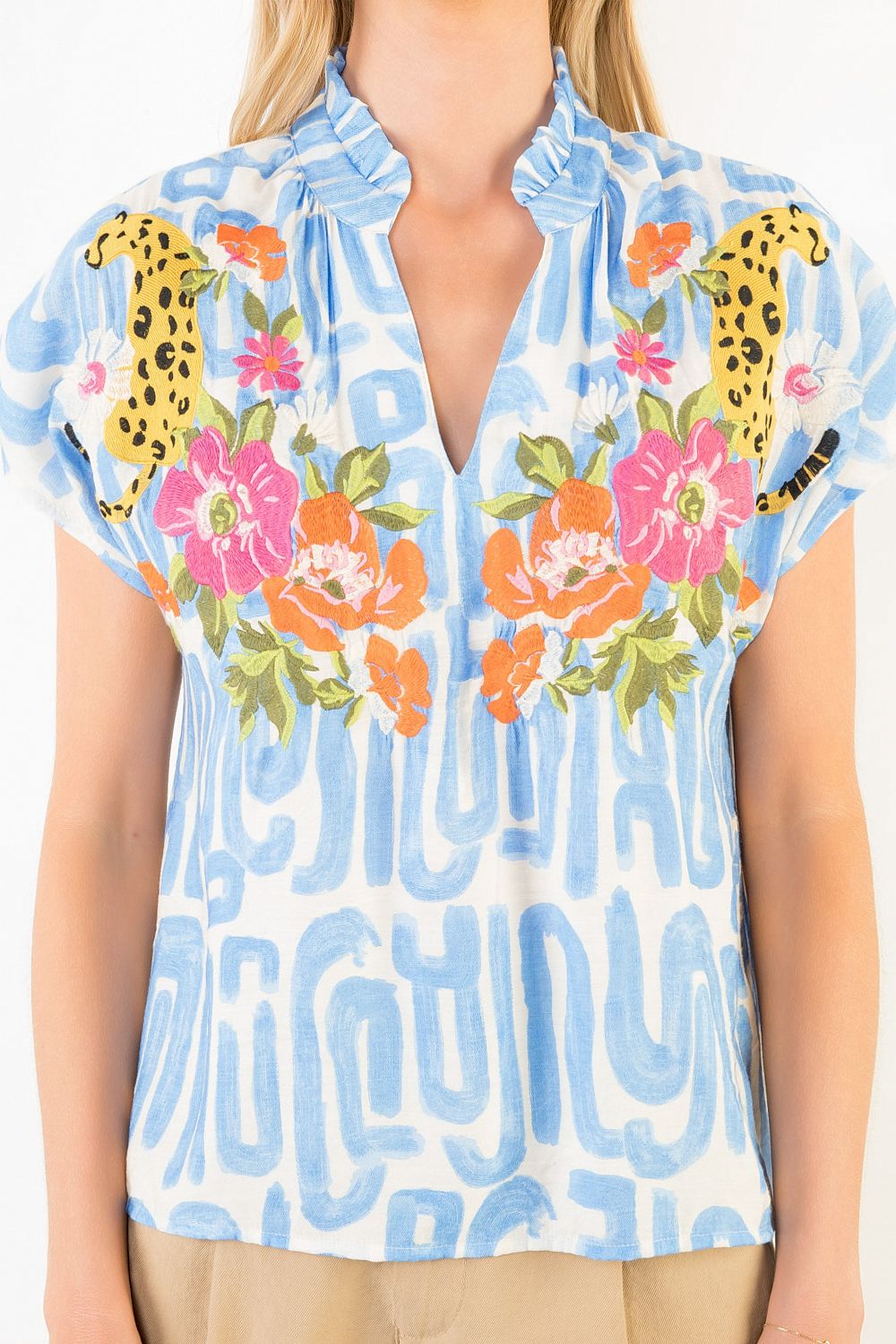Julie Flower and Cheetah Embroidery Top