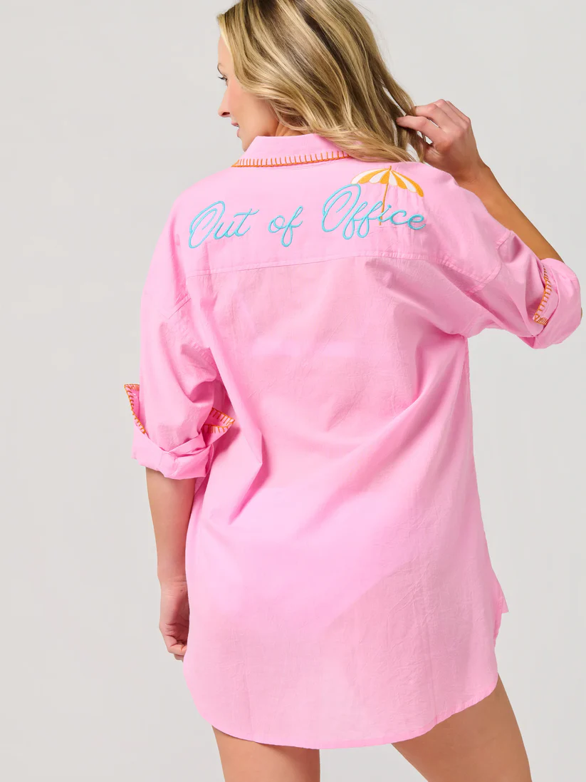 'Out of Office' Embroidered Cover-Up Shirt