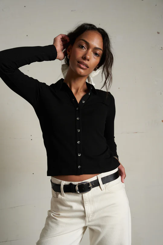 True Black Amee Luxe Rib Button Up Polo