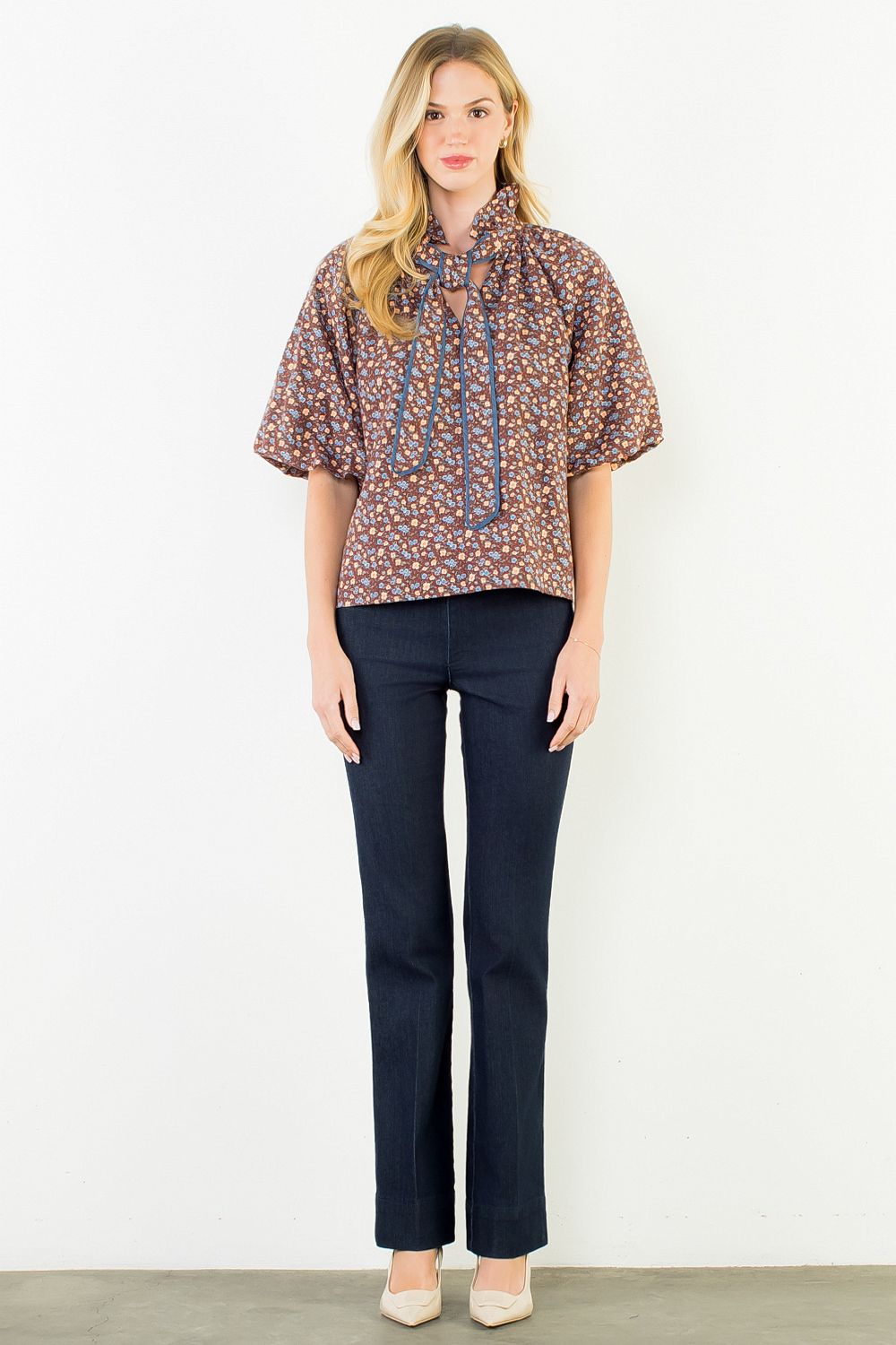 Jill Brown Print Puff Sleeve Top