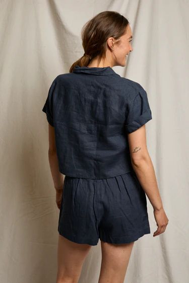 Navy Tabitha Linen Collared Cropped Polo