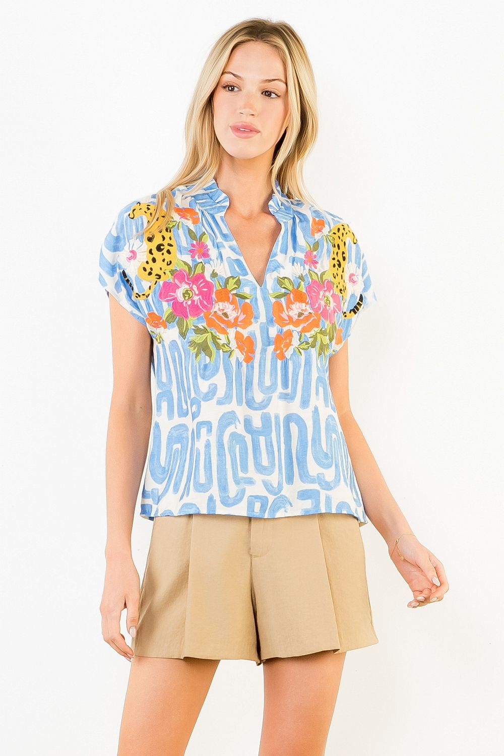 Julie Flower and Cheetah Embroidery Top