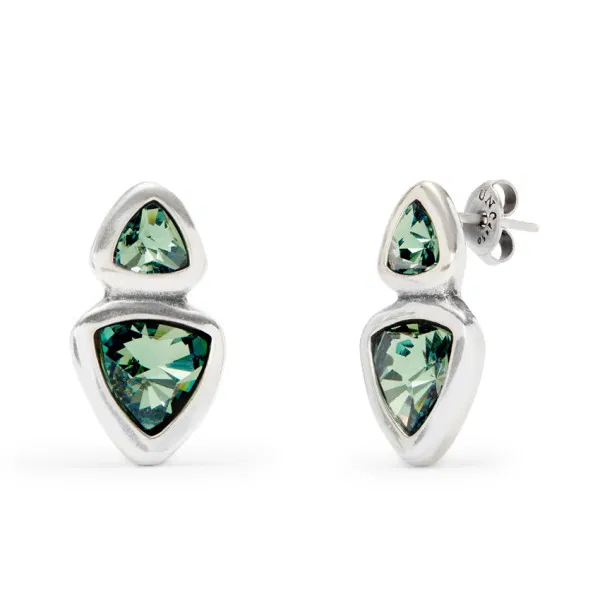 Silver Drop Earrings w/Two Green Crystals