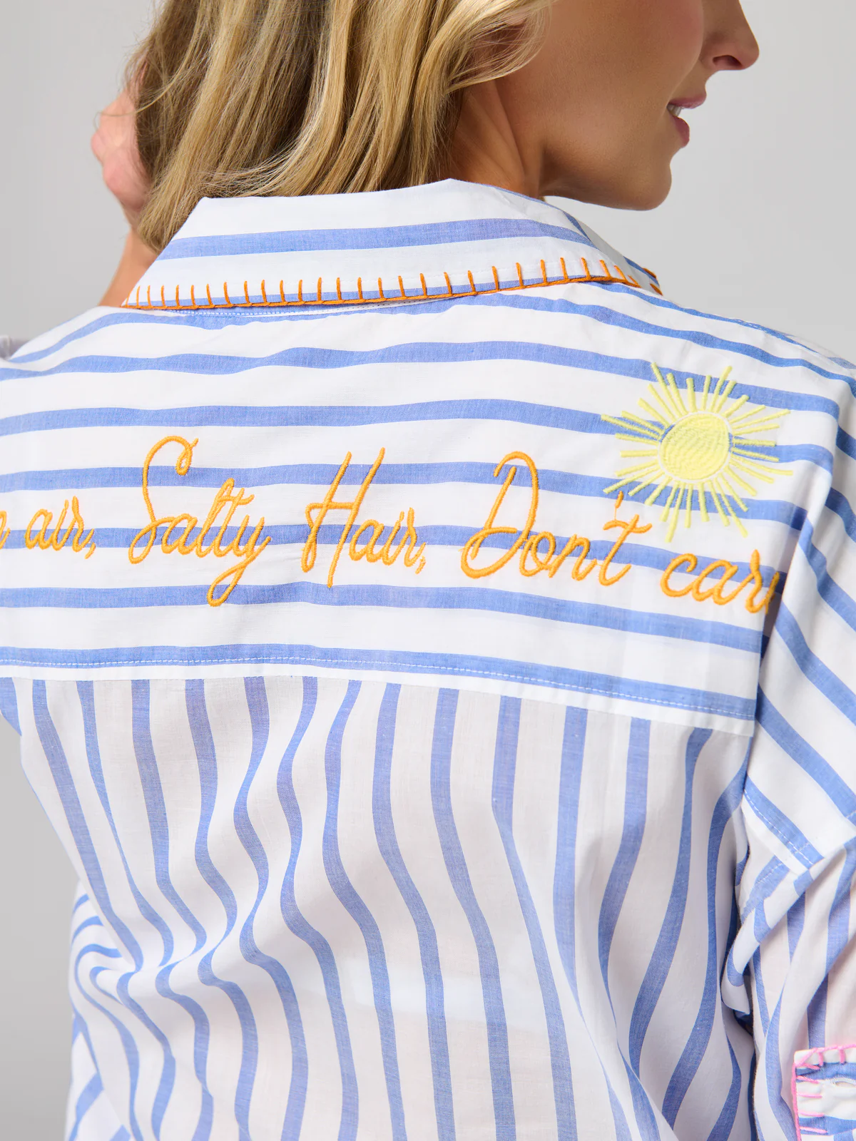 'Salty Hair, Don't Care' Embroidered Cover-Up Shirt
