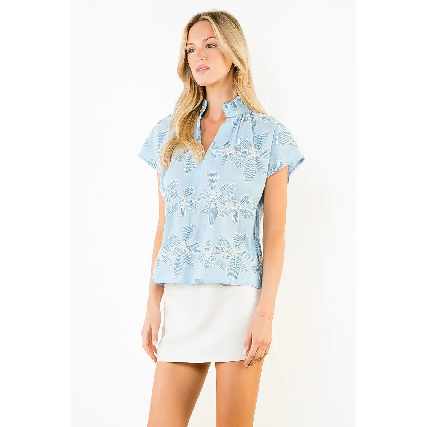 Short Sleeve Blue Embroidery Floral Top